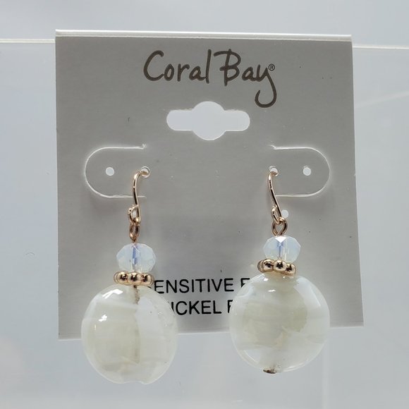Coral Bay White Glass Double Bead Drop Earrings White/rose Gold Tone - Picture 2 of 4